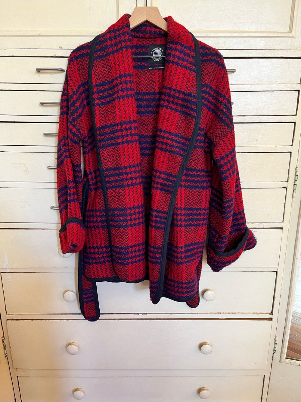 Urban Outfitters Red and Navy Plaid Open-Front Cardigan